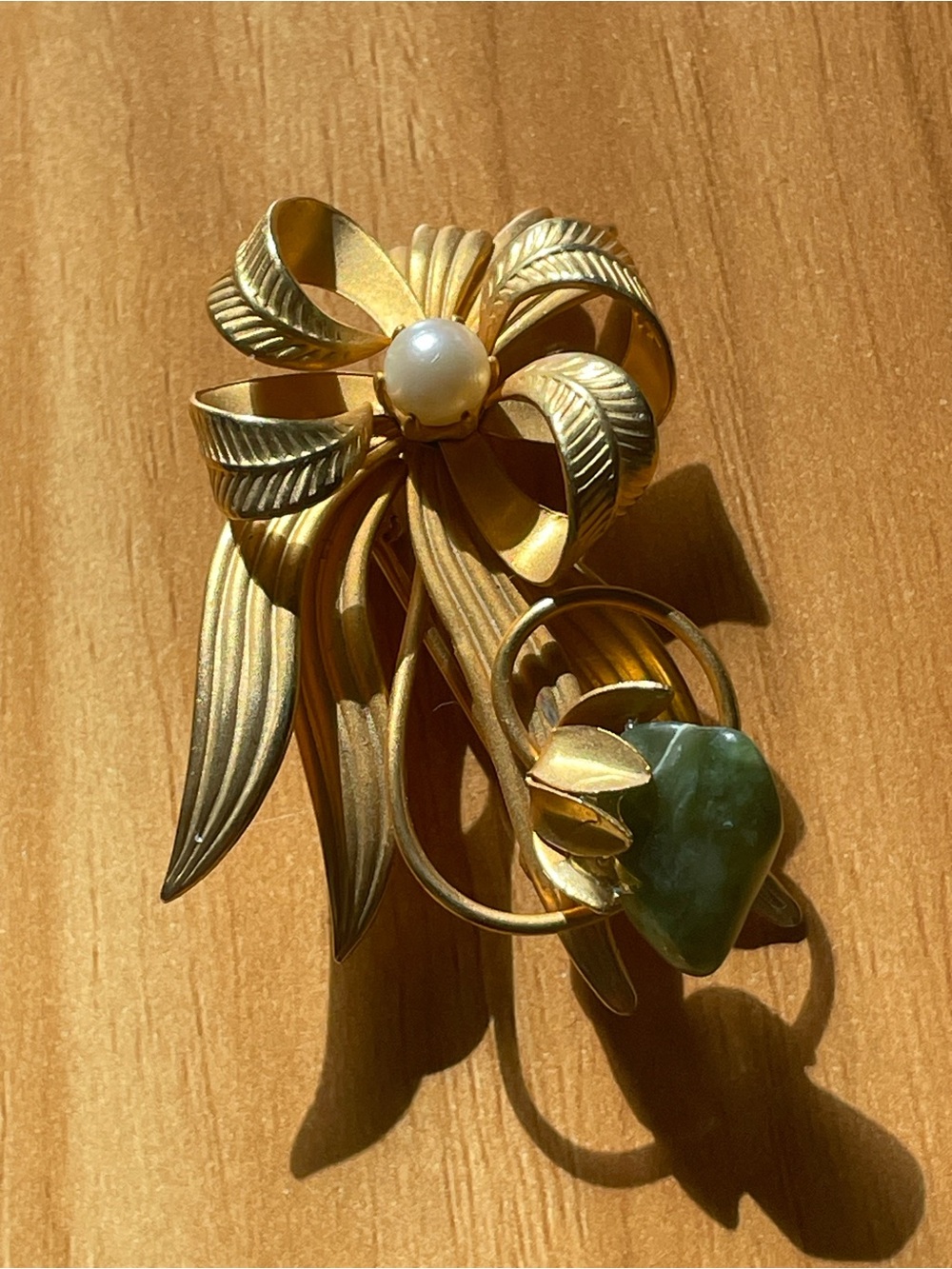 Gold-Tone Floral Brooch with Pearl and Green Stone